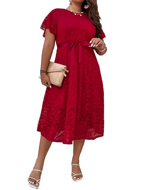 Elegant Round Neck A Line Dress Short Sleeve Red Plus Size Dresses