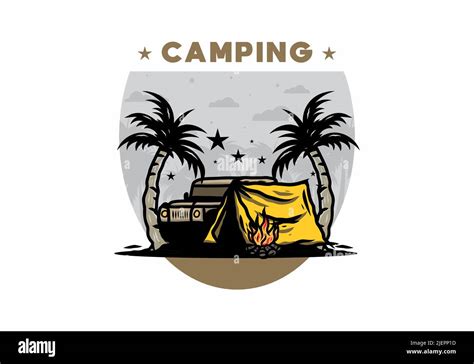 Ilustración del diseño de una carpa Camping delante del coche entre el