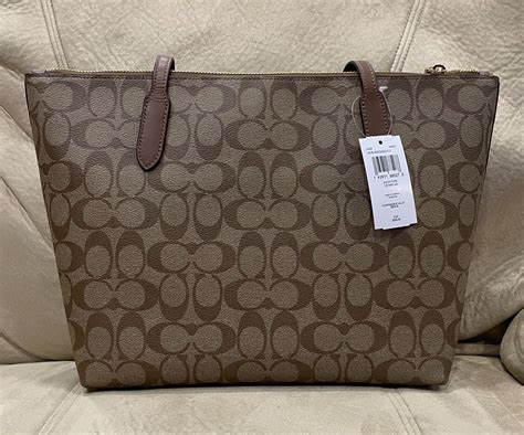 Nwt Coach Zip Top Tote Shoulder Bag Purse Signature Coated Canvas Khaki