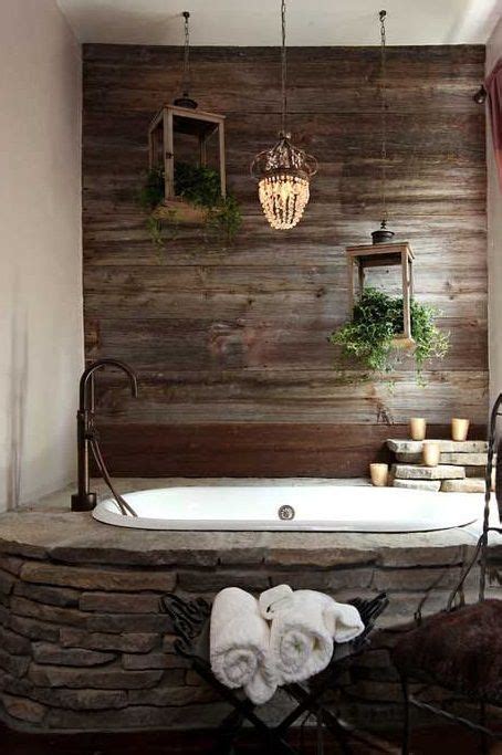 Design ideas for today's living, online since 2006. rustic, romantic bath with plank walls, stone tub surround ...