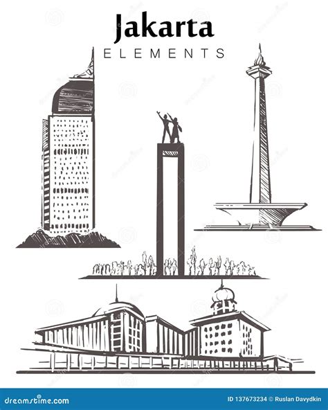 Set Of Hand Drawn Jakarta Buildings Jakarta Elements Sketch Vector