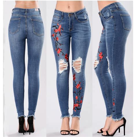 2018 Long Sexy Jeans Women Basic Classic High Waist Skinny Pencil Blue Denim Pants Embroidery