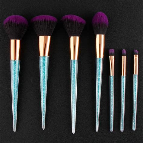 New 7pcs Makeup Brush Set Rhinestone Glitter Blue Crystal Diamond Pro