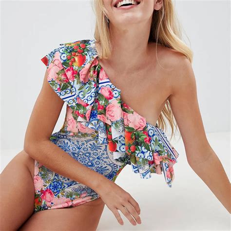 Sexy Off Shoulder One Piece Swimsuit Floral Print Swimwear Women Ruffle