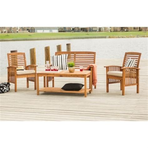 4 Piece Acacia Wood Outdoor Patio Conversation Set With Cushions