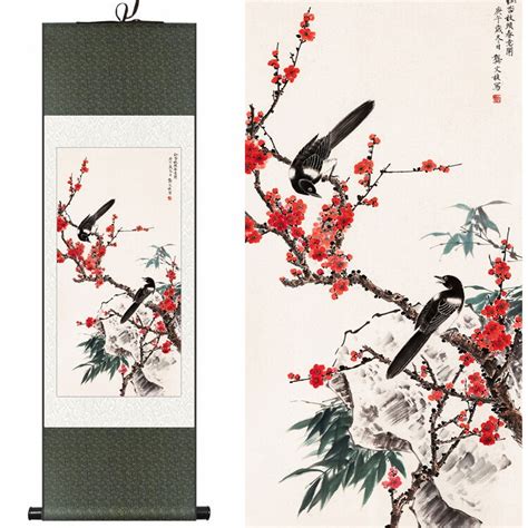 Chinese Silk Watercolor Flower And Bird Plum Bamboo Lucky Magpie Ink