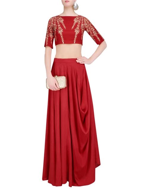 Red Silk Designer Crop Top Lehenga Suudl24525