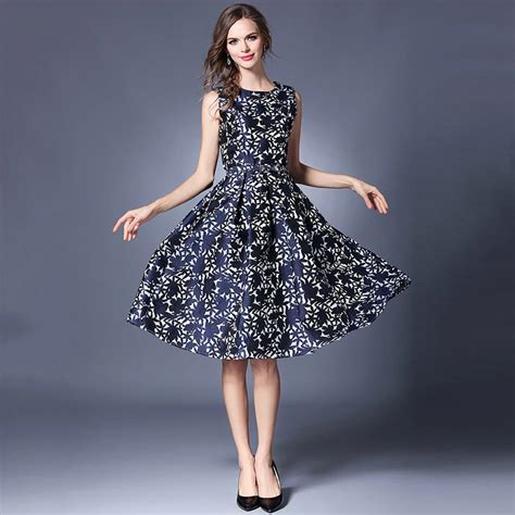 new summer dress embroidery floral sleeveless blue plus size dress casual vintage knee length