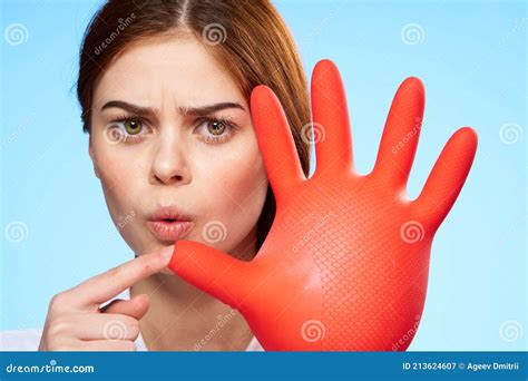 Cheerful Woman With Inflated Rubber Glove Emotions Cleaning Service Stock Image Image Of