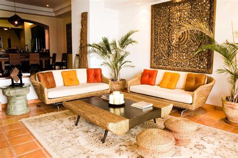Traditional Indian Living Room With Oriental Rattan Chairs