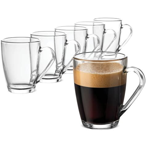 Glass Coffee Mug 10 ¾ Ounce 6 Pack With Convenient Handle Tea Glasses For Hot And Cold