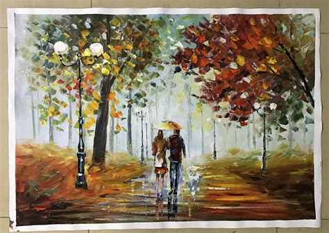 Hand Painted Couple Walking In The Rain Canvas Wall Art