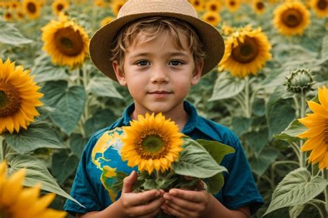 Premium Ai Image Happy Little Boy Walking In Field Of Sunflowers