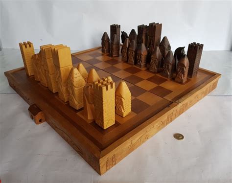 Handmade Wooden Chess Set Wood Board Folding Storage Box Hand Carved