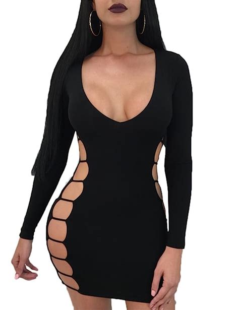 Buy Haola Women S Long Sleeve Side Lace Up Sexy Deep V Neck Bodycon