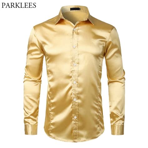 Gold Smooth Silk Satin Dress Shirt Men Slim Fit Long Sleeve Chemise