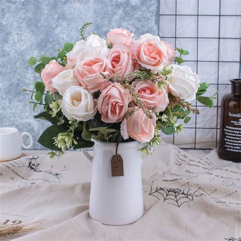 Buy Begondis Aitificial Fake Rose Flowers With Ceramic Vase Pink And White Silk Faux Rose