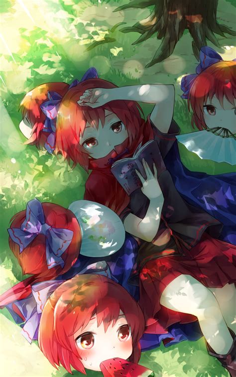 Safebooru 1girl Arm Up Blush Book Bow Cape Dappled Sunlight Disembodied Head Fanning Face Food