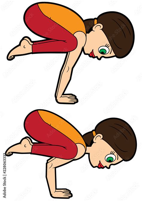 Yoga Asana Set Crane And Crow Poses Illustration Cartoon Girl Doing