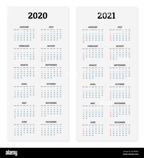2020 And 2021 Annual Calendar Vector Illustration Stock Vector Image