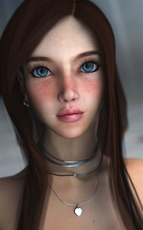 A Woman With Long Brown Hair And Blue Eyes Wearing A Choker Around Her Neck