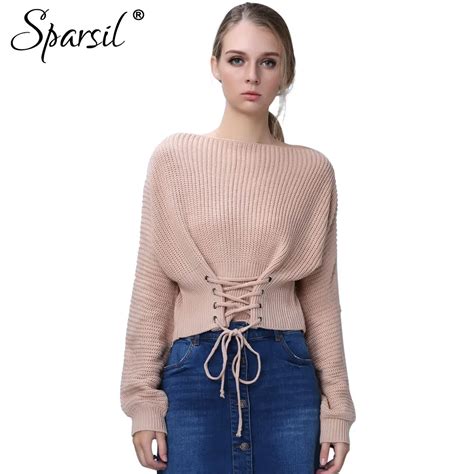 Sparsil Women Autumn Elegant Knitted Sweaters Lace Up Cinched Waist