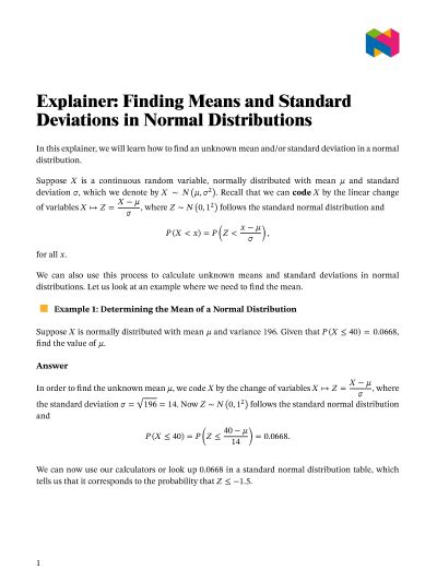 Lesson Finding Means And Standard Deviations In Normal Distributions
