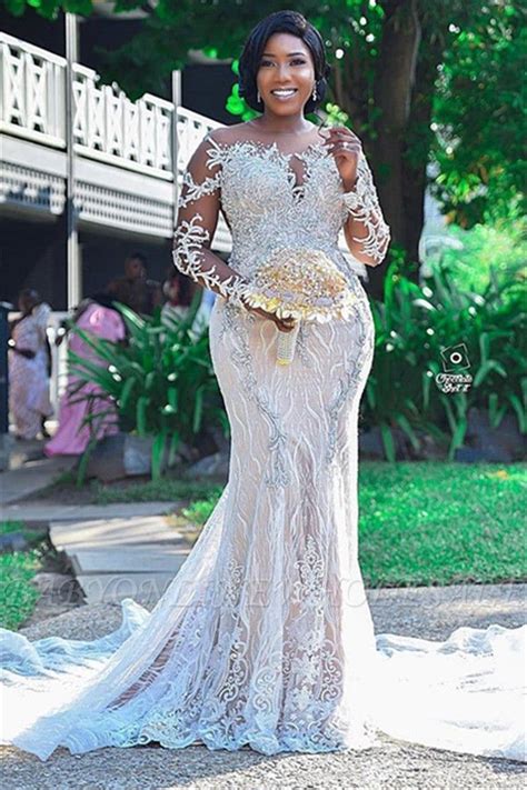 Lace Appliques Mermaid Wedding Dress Long Sleeve Plus Size Bridal