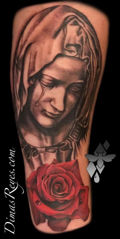 Black And Grey Virgin Mary With Rose Tattoo By Dimas Reyes TattooNOW