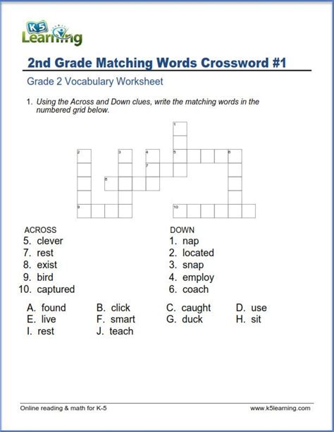 Synonym Crosswords For Grade 2 K5 Learning Worksheets 2nd Grade