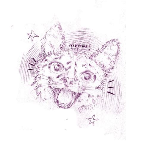 A Drawing Of A Cats Face With Its Tongue Out And Stars Around It