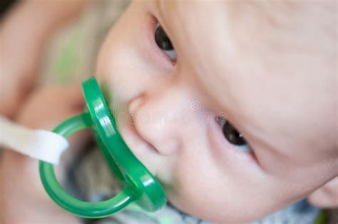 Close Up Detail View Of Cute Little Peaceful Baby With Pacifier In His