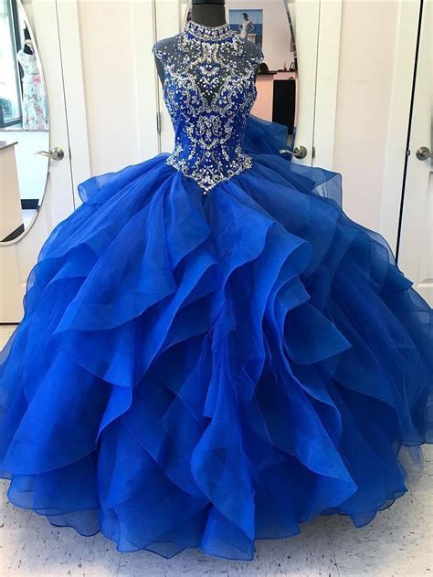 Royal Blue Organza Skirt Shine High Neck Quinceanera Dresses Apd2860
