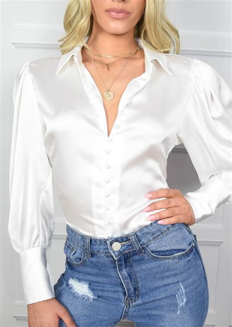 Satin Button Through Collar Shirt White Awesome Blouse Shirts White