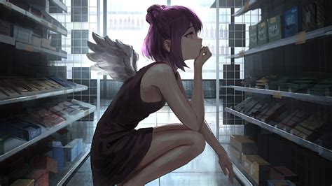 2048x1152 Angel Girl In Grocery Market With Little Wings Wallpaper