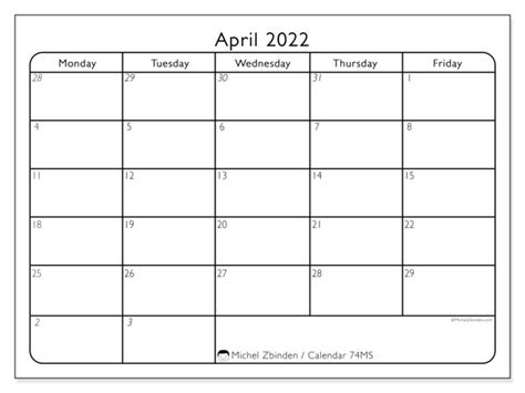 April 2022 Calendars “monday Sunday” Michel Zbinden En