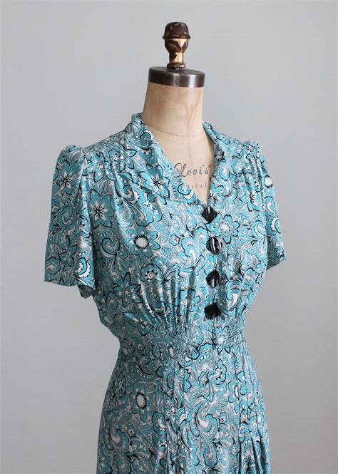 Vintage 1940s Blue And White Floral Print Rayon Day Dress Raleigh Vintage