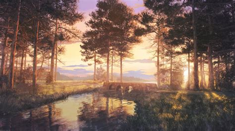 Forest Trees River Bridge Sunset Grass Painting