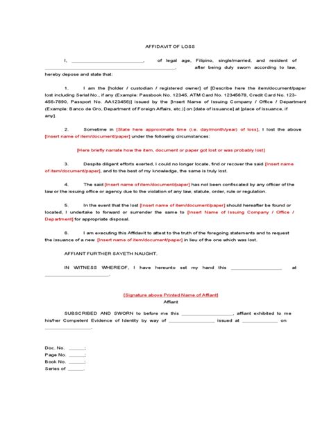 Affidavit Of Loss Sample Fill And Sign Printable Template