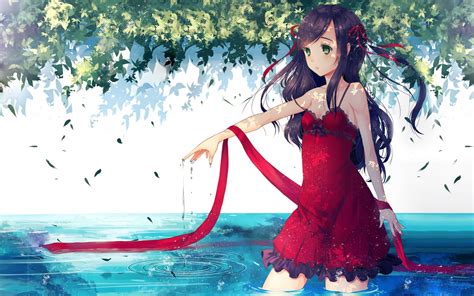 Wallpaper Leaves Illustration Anime Girls Water Black Hair Red