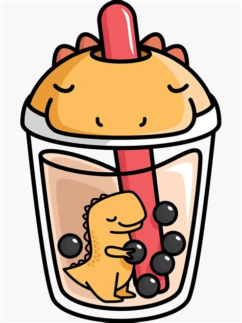 Bubble Tea With Cute Kawaii T Rex Inside Sticker By Bobateame
