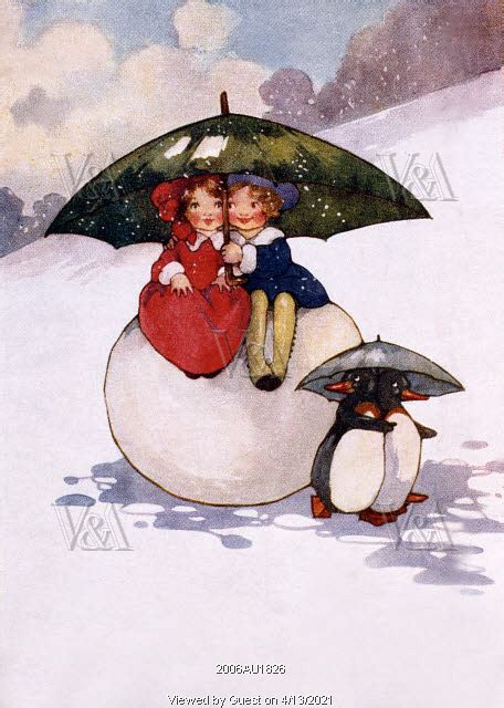 Boy And Girl Under Umbrella Sitting On A Snowball And Two Penguins