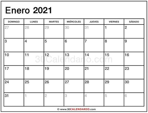Calendario Enero 2021 30 Calendario
