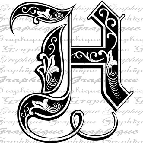 Letter Initial H Monogram Old Engraving Style Type Text Calligraphy