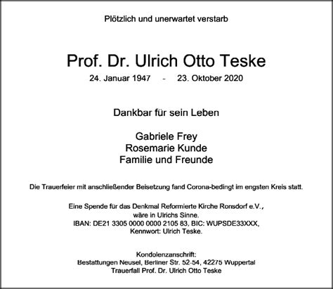 Facebook gives people the power to share and makes the. Prof. Dr. Ulrich Otto Teske : Traueranzeige : Westdeutsche ...