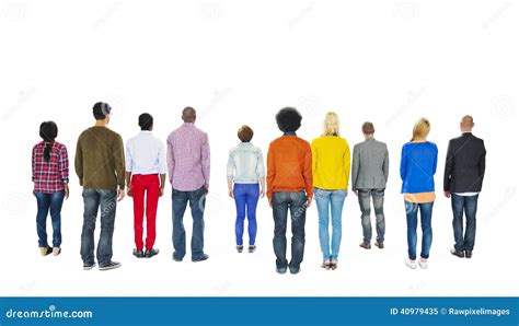 Group Of Multiethnic Colorful People Facing Backwards Stock Photo
