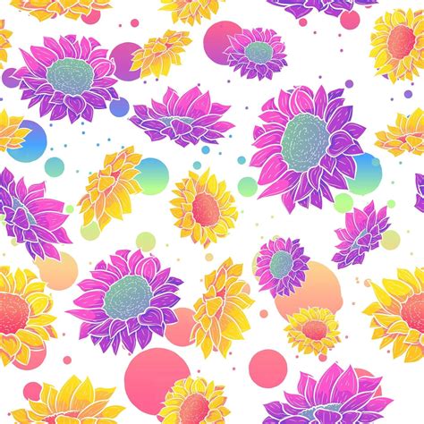 Gradient Seamless Pattern With Colorful Sunflowers And Daisies Rainbow