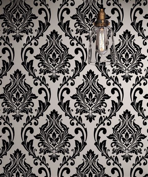 Black And White Damask Wallpaper Rolls Velvet Flocked Textured
