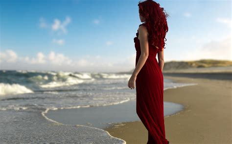 Wallpaper Sunlight Redhead Sea Sand Beach Coast Red Dress