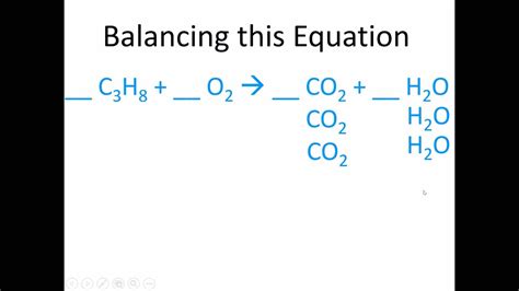 Balancing Equation: C3H8 + O2 --) CO2 + H2O - YouTube